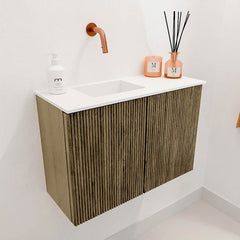 JOYA 60cm toiletmeubel kleur Dusk. Wastafel FAYE positie Links Zonder kraangat kleur Talc.