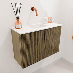 JOYA 60cm toiletmeubel kleur Dusk. Wastafel FAYE positie Midden Zonder kraangat kleur Talc.