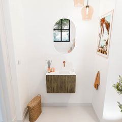 JOYA 60cm toiletmeubel kleur Dusk. Wastafel FAYE positie Rechts Zonder kraangat kleur Talc.