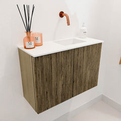 JOYA 60cm toiletmeubel kleur Dusk. Wastafel FAYE positie Rechts Zonder kraangat kleur Talc.