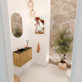 JOYA 60cm toiletmeubel kleur Oak. Wastafel FAYE positie Links 1 kraangat kleur Urban.