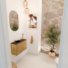 JOYA 60cm toiletmeubel kleur Oak. Wastafel FAYE positie Links 1 kraangat kleur Urban.