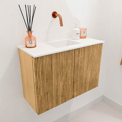 JOYA 60cm toiletmeubel kleur Oak. Wastafel FAYE positie Midden Zonder kraangat kleur Talc.