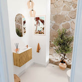 JOYA 60cm toiletmeubel kleur Oak. Wastafel FAYE positie Rechts 1 kraangat kleur Talc.