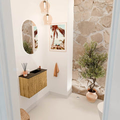 JOYA 60cm toiletmeubel kleur Oak. Wastafel FAYE positie Rechts 1 kraangat kleur Urban.