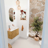 JOYA 60cm toiletmeubel kleur Oak. Wastafel FAYE positie Rechts Zonder kraangat kleur Talc.