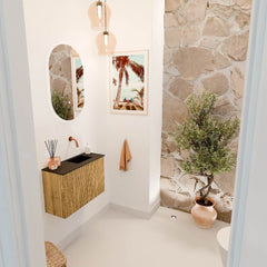 JOYA 60cm toiletmeubel kleur Oak. Wastafel FAYE positie Rechts Zonder kraangat kleur Urban.