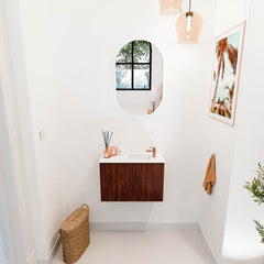 JOYA 60cm toiletmeubel kleur Ruby. Wastafel FAYE positie Rechts 1 kraangat kleur Talc.