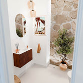 JOYA 60cm toiletmeubel kleur Ruby. Wastafel FAYE positie Rechts 1 kraangat kleur Talc.