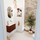 JOYA 60cm toiletmeubel kleur Ruby. Wastafel FAYE positie Rechts Zonder kraangat kleur Talc.