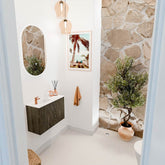 JOYA 60cm toiletmeubel kleur Shadow. Wastafel FAYE positie Links 1 kraangat kleur Talc.