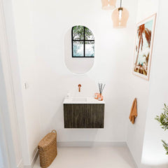 JOYA 60cm toiletmeubel kleur Shadow. Wastafel FAYE positie Links Zonder kraangat kleur Talc.