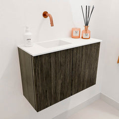 JOYA 60cm toiletmeubel kleur Shadow. Wastafel FAYE positie Links Zonder kraangat kleur Talc.