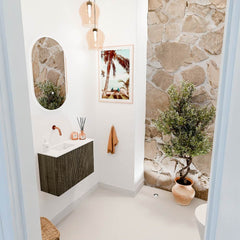 JOYA 60cm toiletmeubel kleur Shadow. Wastafel FAYE positie Links Zonder kraangat kleur Talc.