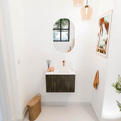 JOYA 60cm toiletmeubel kleur Shadow. Wastafel FAYE positie Rechts Zonder kraangat kleur Talc.