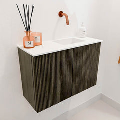 JOYA 60cm toiletmeubel kleur Shadow. Wastafel FAYE positie Rechts Zonder kraangat kleur Talc.