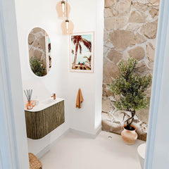 JOYA 61,6cm toiletmeubel ronding links kleur Dusk. Wastafel FAYE positie Rechts 1 kraangat kleur Talc.