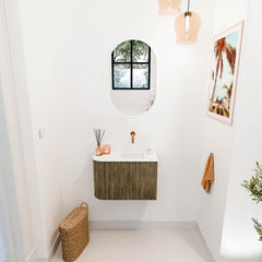 JOYA 61,6cm toiletmeubel ronding links kleur Dusk. Wastafel FAYE positie Rechts Zonder kraangat kleur Talc.