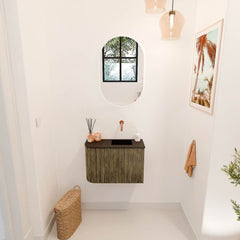 JOYA 61,6cm toiletmeubel ronding links kleur Dusk. Wastafel FAYE positie Rechts Zonder kraangat kleur Urban.