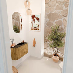 JOYA 61,6cm toiletmeubel ronding links kleur Oak. Wastafel FAYE positie Rechts 1 kraangat kleur Urban.