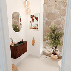 JOYA 61,6cm toiletmeubel ronding links kleur Ruby. Wastafel FAYE positie Rechts 1 kraangat kleur Urban.