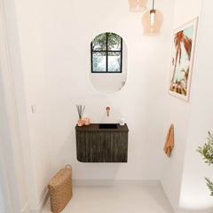 JOYA 61,6cm toiletmeubel ronding links kleur Shadow. Wastafel FAYE positie Rechts Zonder kraangat kleur Urban.