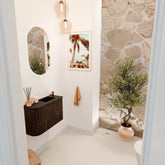 JOYA 61,6cm toiletmeubel ronding links kleur Walnut. Wastafel FAYE positie Rechts 1 kraangat kleur Urban.