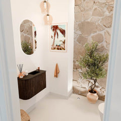 JOYA 61,6cm toiletmeubel ronding links kleur Walnut. Wastafel FAYE positie Rechts 1 kraangat kleur Urban.