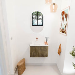 JOYA 61,6cm toiletmeubel ronding rechts kleur Dusk. Wastafel FAYE positie Links Zonder kraangat kleur Talc.