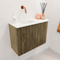 JOYA 61,6cm toiletmeubel ronding rechts kleur Dusk. Wastafel FAYE positie Links Zonder kraangat kleur Talc.