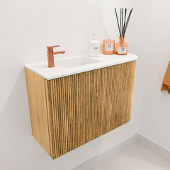 JOYA 61,6cm toiletmeubel ronding rechts kleur Oak. Wastafel FAYE positie Links 1 kraangat kleur Talc.