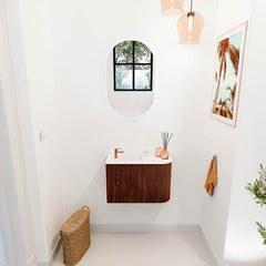 JOYA 61.6cm vanity unit with right curve, Ruby color. FAYE washbasin, Left position, 1 tap hole, Talc color.