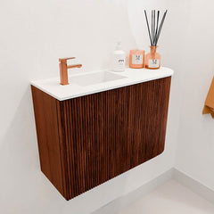 JOYA 61.6cm vanity unit with right curve, Ruby color. FAYE washbasin, Left position, 1 tap hole, Talc color.
