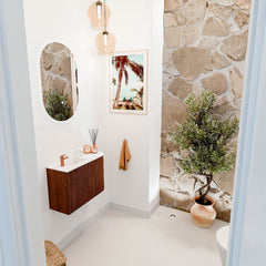 JOYA 61.6cm vanity unit with right curve, Ruby color. FAYE washbasin, Left position, 1 tap hole, Talc color.