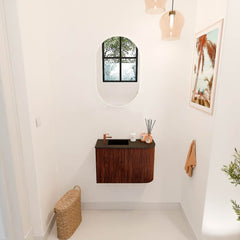 JOYA 61.6cm vanity unit, right curve, Ruby color. FAYE basin, left position, 1 tap hole, Urban color.