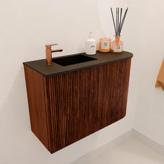 JOYA 61.6cm vanity unit, right curve, Ruby color. FAYE basin, left position, 1 tap hole, Urban color.