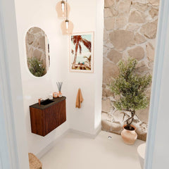 JOYA 61.6cm vanity unit, right curve, Ruby color. FAYE basin, left position, 1 tap hole, Urban color.