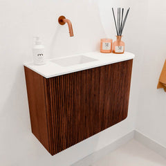 JOYA 61.6cm vanity unit, right curve, Ruby color. FAYE basin, left position, without tap hole, Talc color.