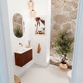 JOYA 61,6cm toiletmeubel ronding rechts kleur Ruby. Wastafel FAYE positie Links Zonder kraangat kleur Talc.