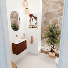 JOYA 61.6cm vanity unit, right curve, Ruby color. FAYE basin, left position, without tap hole, Talc color.