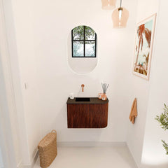 JOYA 61,6cm toiletmeubel ronding rechts kleur Ruby. Wastafel FAYE positie Links Zonder kraangat kleur Urban.