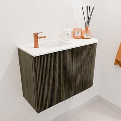 JOYA 61.6cm vanity unit, right-hand curve, Shadow colour. FAYE washbasin, left position, 1 tap hole, Talc colour.
