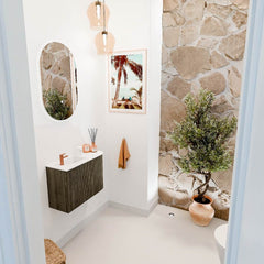 JOYA 61.6cm vanity unit, right-hand curve, Shadow colour. FAYE washbasin, left position, 1 tap hole, Talc colour.