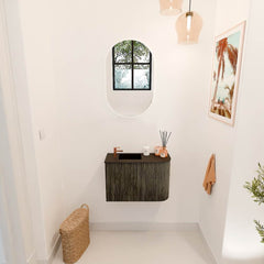 JOYA 61,6cm toiletmeubel ronding rechts kleur Shadow. Wastafel FAYE positie Links 1 kraangat kleur Urban.