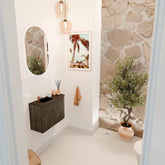 JOYA 61,6cm toiletmeubel ronding rechts kleur Shadow. Wastafel FAYE positie Links 1 kraangat kleur Urban.