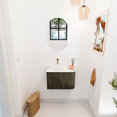 JOYA 61,6cm toiletmeubel ronding rechts kleur Shadow. Wastafel FAYE positie Links Zonder kraangat kleur Talc.