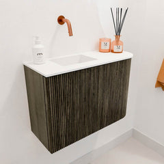 JOYA 61,6cm toiletmeubel ronding rechts kleur Shadow. Wastafel FAYE positie Links Zonder kraangat kleur Talc.