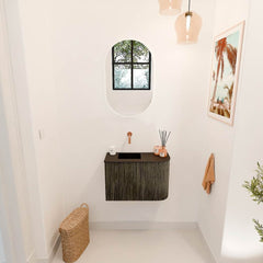 JOYA 61,6cm toiletmeubel ronding rechts kleur Shadow. Wastafel FAYE positie Links Zonder kraangat kleur Urban.