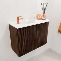 JOYA 61,6cm toiletmeubel ronding rechts kleur Walnut. Wastafel FAYE positie Links 1 kraangat kleur Talc.