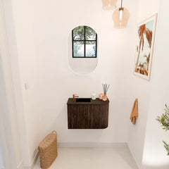 JOYA 61,6cm toiletmeubel ronding rechts kleur Walnut. Wastafel FAYE positie Links 1 kraangat kleur Urban.